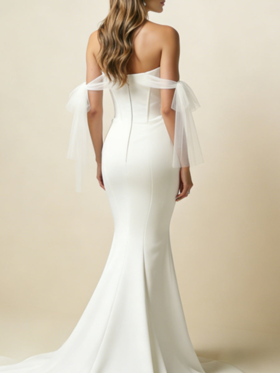 Robe De Mariée Forme Trompette/Sirène, Hors de l'épaule, Satin Élastique, Sans Manches, Longueur Au Sols, Traîne Légère, Froncé