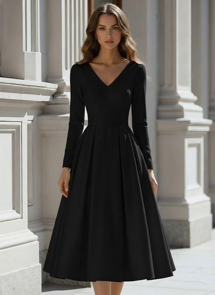 Robe De Mariée Forme A/Princesse, Col V, Satin, Longueur Du Thé, Manches Longues