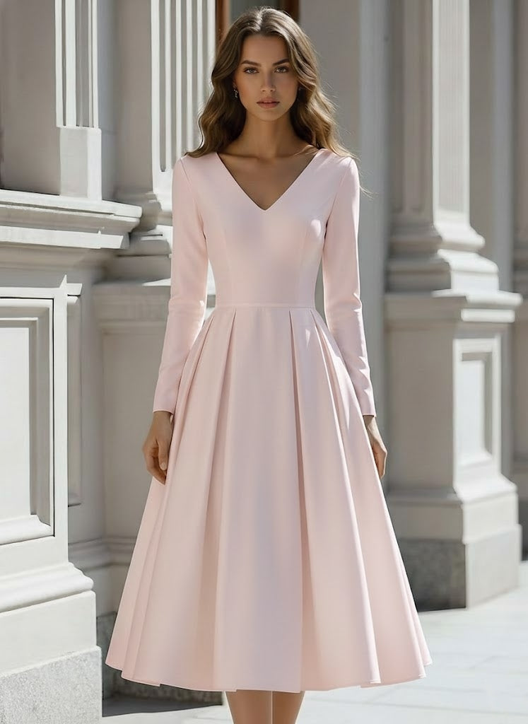 Robe De Mariée Forme A/Princesse, Col V, Satin, Longueur Du Thé, Manches Longues