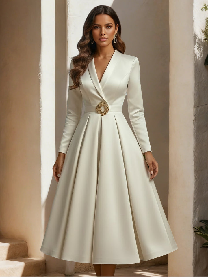 Robe De Mariée Forme A/Princesse, Col Chemise, Satin, Avec Ceinture, Longueur Du Thé, Manches Longues