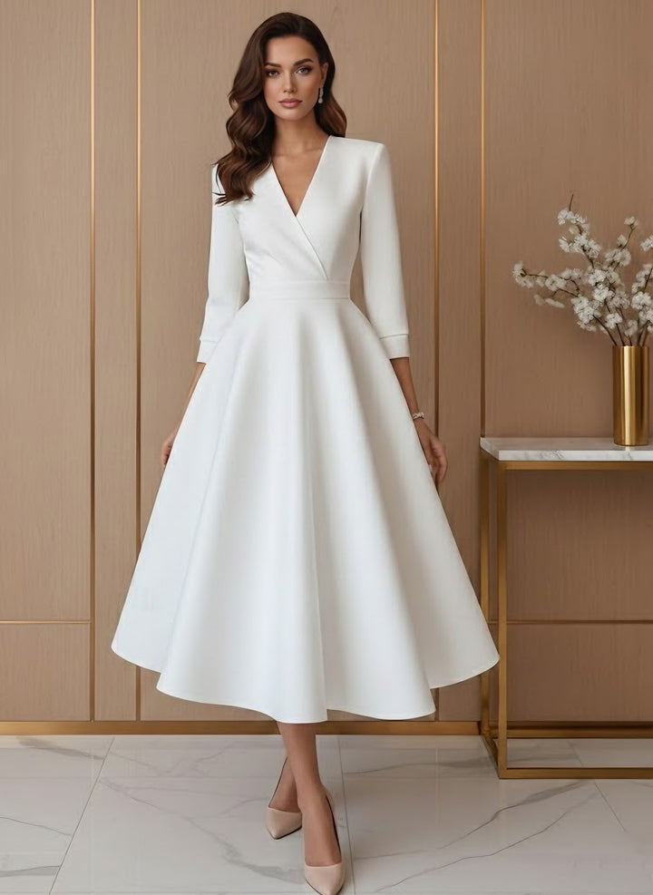 Robe De Mariée Forme A/Princesse, Col V, Satin, Longueur Du Thé, Manches 3/4