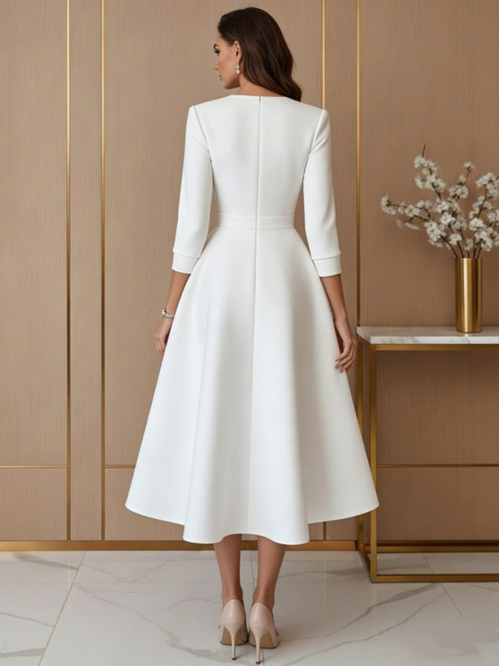 Robe De Mariée Forme A/Princesse, Col V, Satin, Longueur Du Thé, Manches 3/4