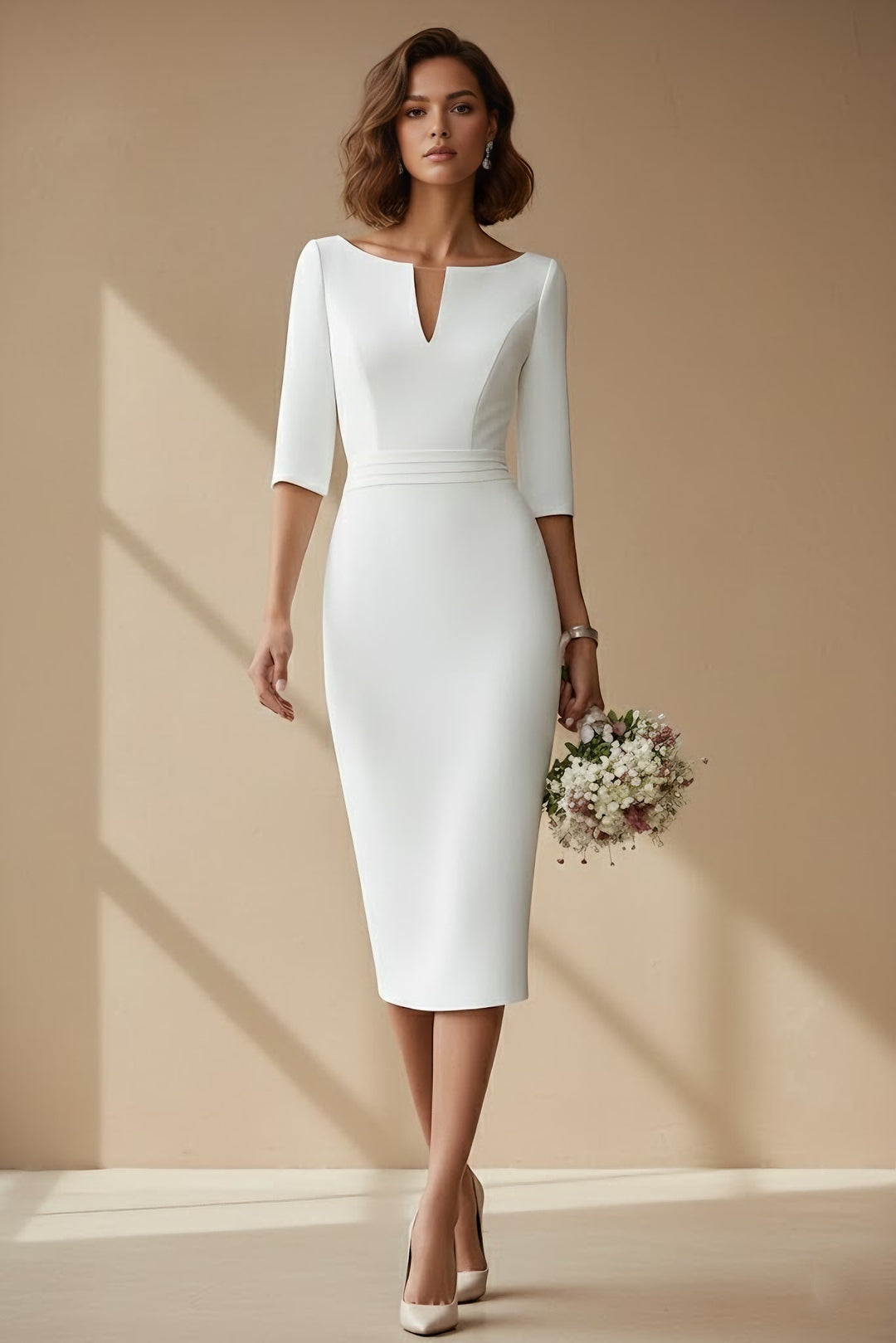 Robe De Mariée Forme Cylindre/Gaine, Col Cowl, Satin, Longueur Du Thé, Demi-Manches, Ceinture