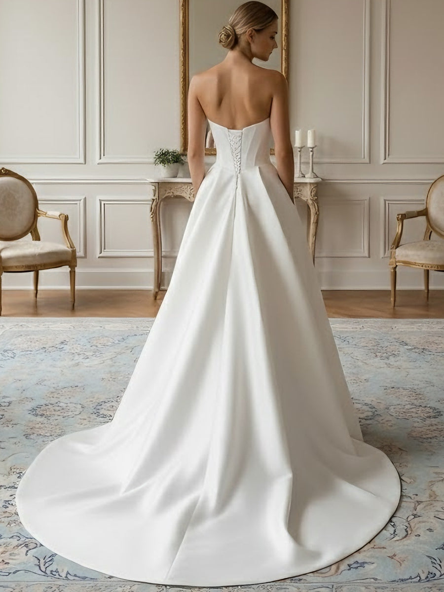 Robe De Mariée Forme A/Princesse, Sans Bretelles, Satin, Longueur Au Sol, Traîne Légère