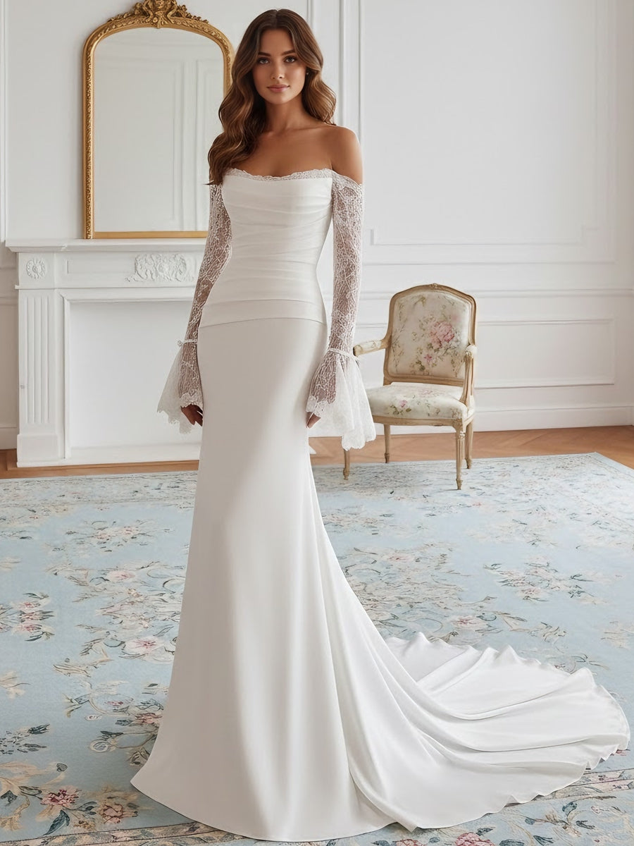 Robe De Mariée Forme Trompette/Sirène, Sans Bretelles, Satin De Soie, Longueur Au Sol, Traîne Légère, Dentelle, Manches Longues