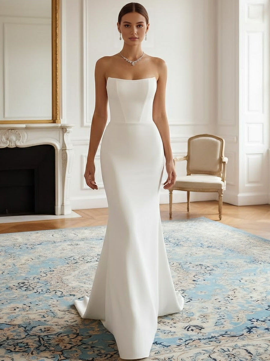Robe De Mariée Forme Trompette/Sirène, Sans Bretelles, Satin, Longueur Au Sol, Traîne Légère, Sans Manches