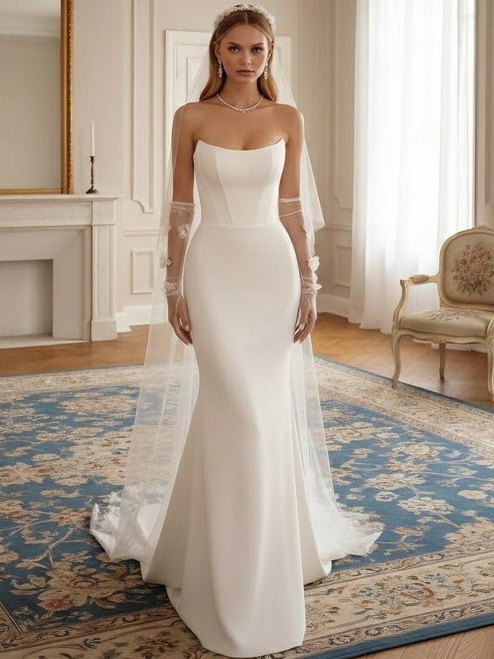 Robe De Mariée Forme Trompette/Sirène, Sans Bretelles, Satin, Longueur Au Sol, Traîne Légère, Sans Manches
