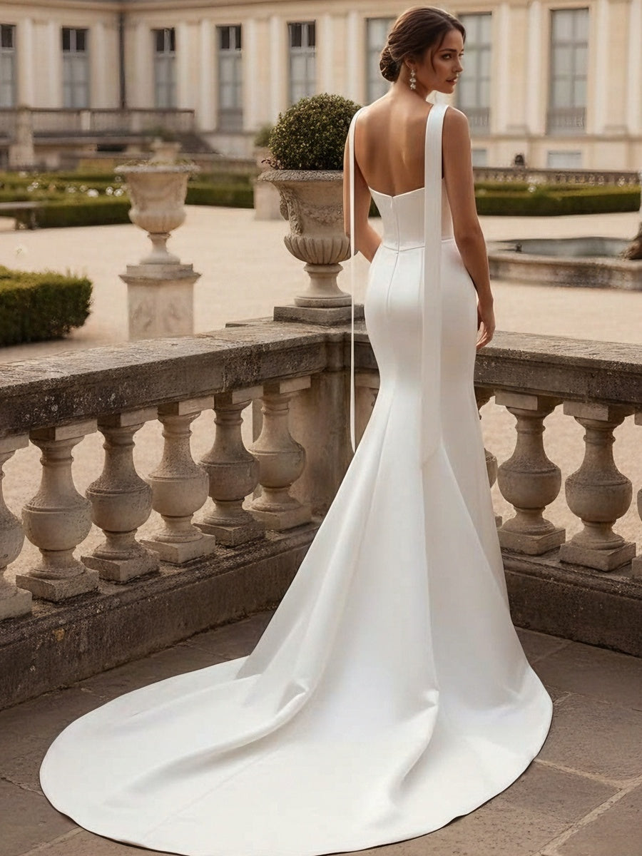 Robe De Mariée Forme Trompette/Sirène, Sans Bretelles, Avec Foulard, Satin, Longueur Au Sol, Traîne Légère, Froncé