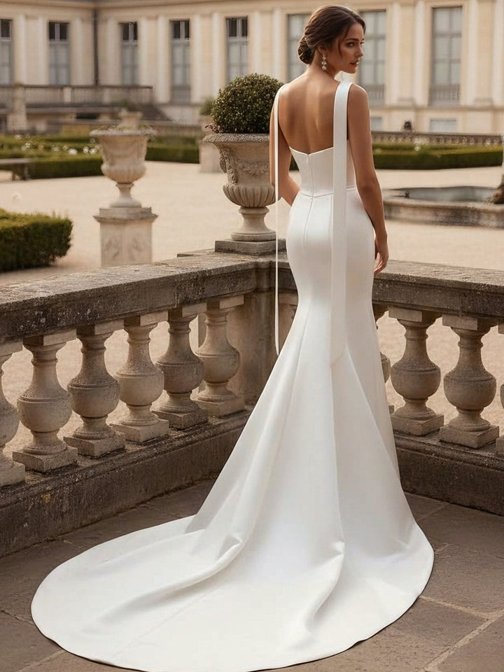 Robe De Mariée Forme Trompette/Sirène, Sans Bretelles, Avec Foulard, Satin, Longueur Au Sol, Traîne Légère, Froncé