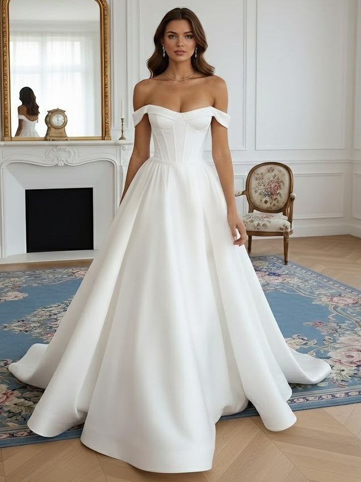 Robe De Mariée Forme A/Princesse, Hors de l'épaule, Satin, Longueur Au Sol, Traîne Légère
