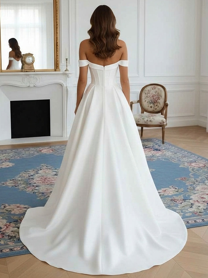 Robe De Mariée Forme A/Princesse, Hors de l'épaule, Satin, Longueur Au Sol, Traîne Légère