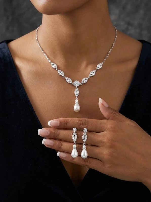 Ensemble de Bijoux de Mariée Élégant avec Perle en Goutte et Zircon - Collier et Boucles d'Oreilles 2 Pièces