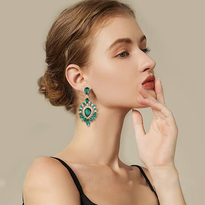 Boucles D'Oreilles Pendantes Haut de Gamme en Strass Vert Ovale Noble