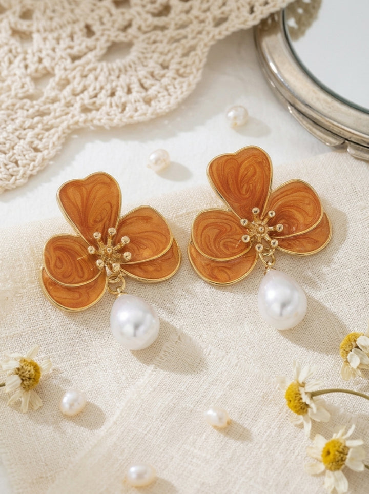 Boucles d'Oreilles Pendantes Baroques avec Perles et Fleurs Élégantes pour Mariée et Demoiselle d'Honneur