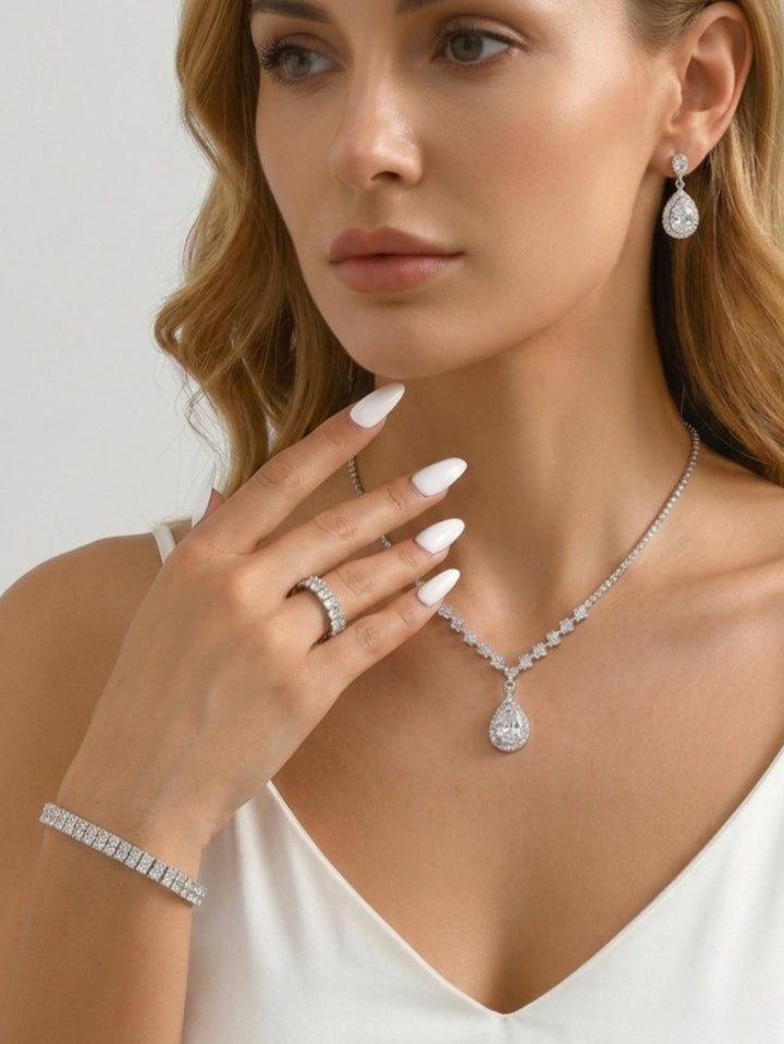4 Pièces Ensemble de Bijoux de Mariage avec Strass pour Mariée et Demoiselle d'Honneur – Boucles d'Oreilles, Collier, Bracelet et Bague