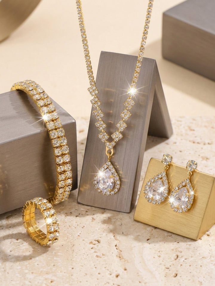 4 Pièces Ensemble de Bijoux de Mariage avec Strass pour Mariée et Demoiselle d'Honneur – Boucles d'Oreilles, Collier, Bracelet et Bague