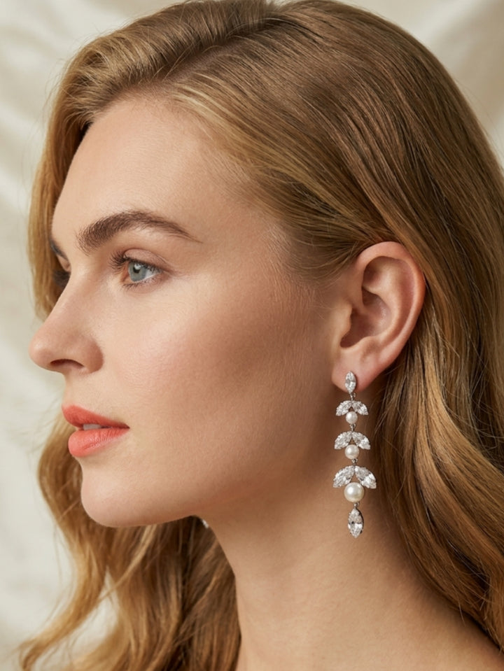 Boucles d'Oreilles Pendantes Longues en Zircon Cubique Forme Marquise pour Mariée et Demoiselles d'Honneur
