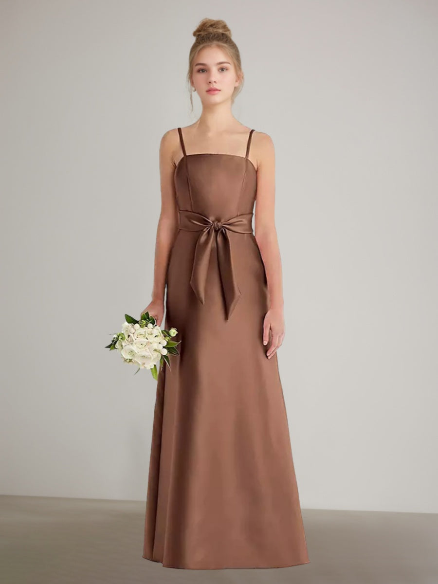 Robe demoiselle d'honneur junior ligne A, bretelles spaghetti, poches, ceinture