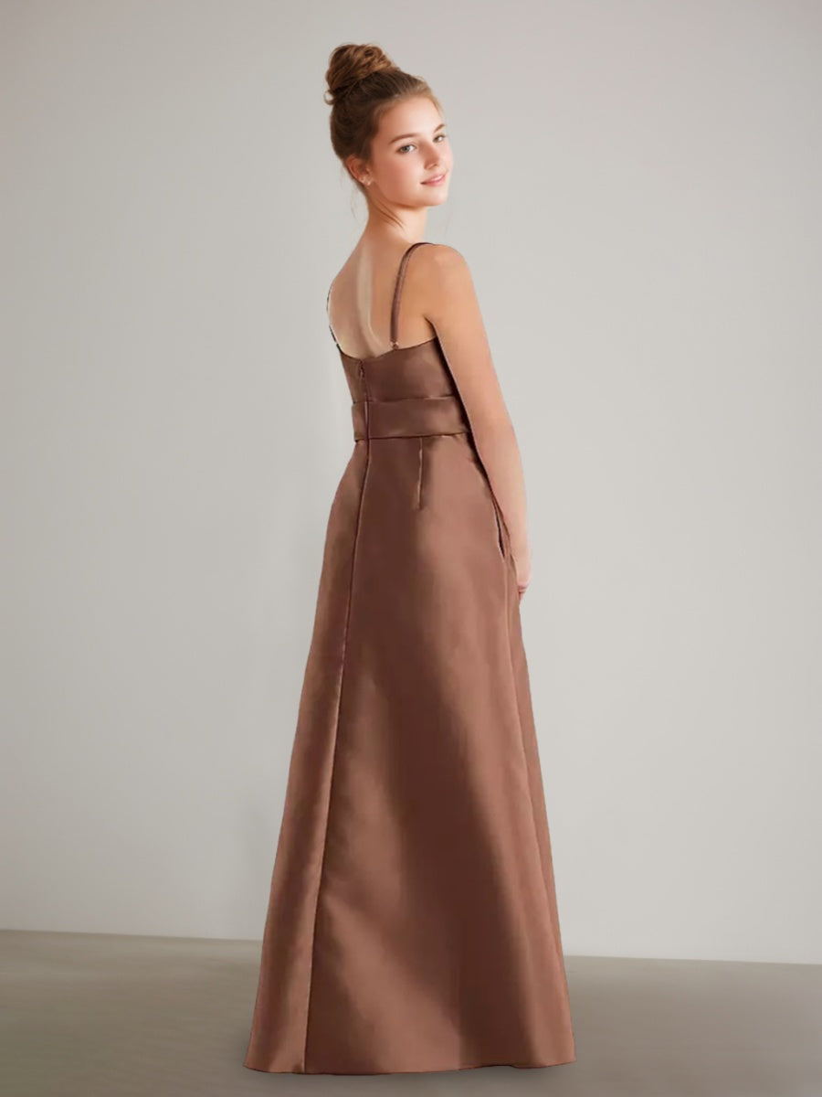 Robe demoiselle d'honneur junior ligne A, bretelles spaghetti, poches, ceinture