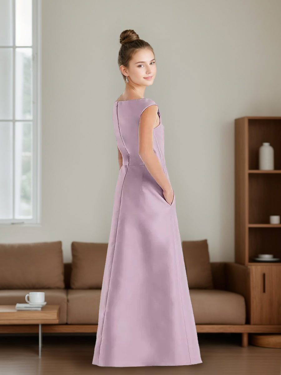 Robe demoiselle d'honneur junior ligne A, col V, drapé, longueur sol, poches
