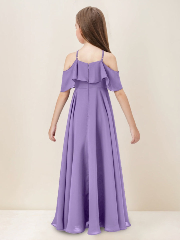 Robe demoiselle d'honneur junior ligne A, halter, longueur sol, volants