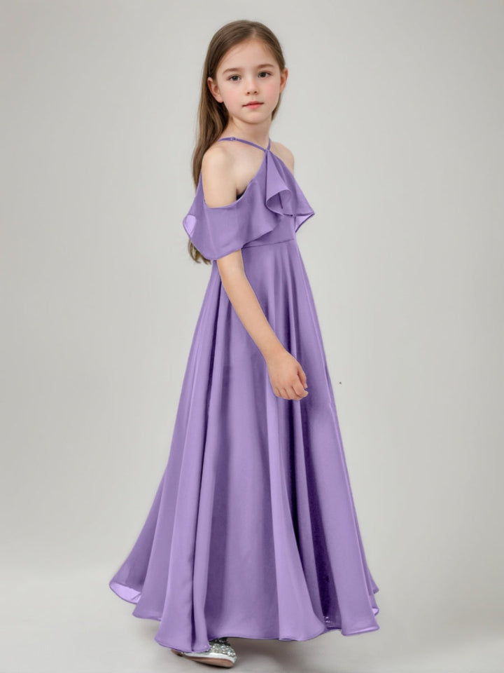 Robe demoiselle d'honneur junior ligne A, halter, longueur sol, volants