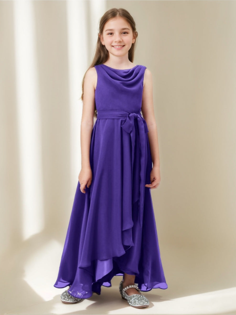 Robe demoiselle d'honneur junior ligne A, col drapé, sans manches, asymétrique, nœud, volants