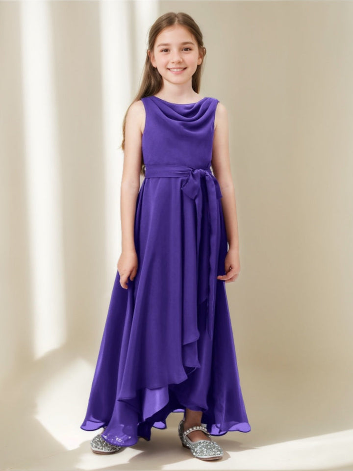 Robe demoiselle d'honneur junior ligne A, col drapé, sans manches, asymétrique, nœud, volants