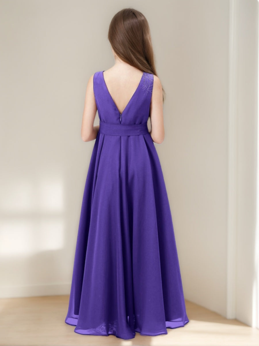 Robe demoiselle d'honneur junior ligne A, col drapé, sans manches, asymétrique, nœud, volants