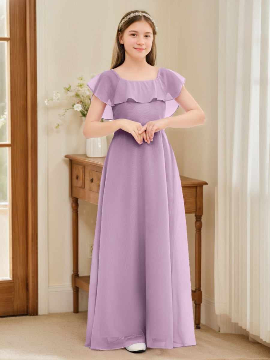 Robe demoiselle d'honneur junior ligne A, col rond, manches courtes, longueur sol, volants