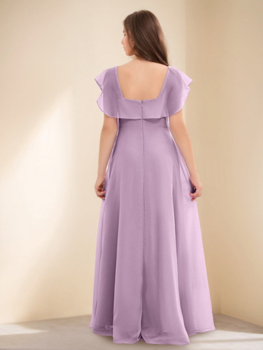 Robe demoiselle d'honneur junior ligne A, col rond, manches courtes, longueur sol, volants