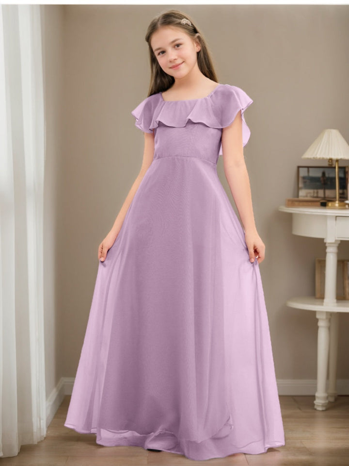 Robe demoiselle d'honneur junior ligne A, col rond, manches courtes, longueur sol, volants
