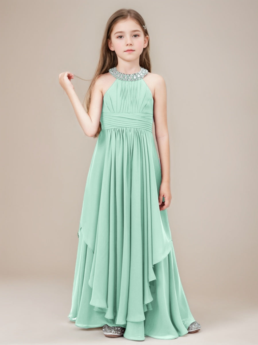 Robe demoiselle d'honneur junior ligne A, halter perles, drapé, longueur sol, volants