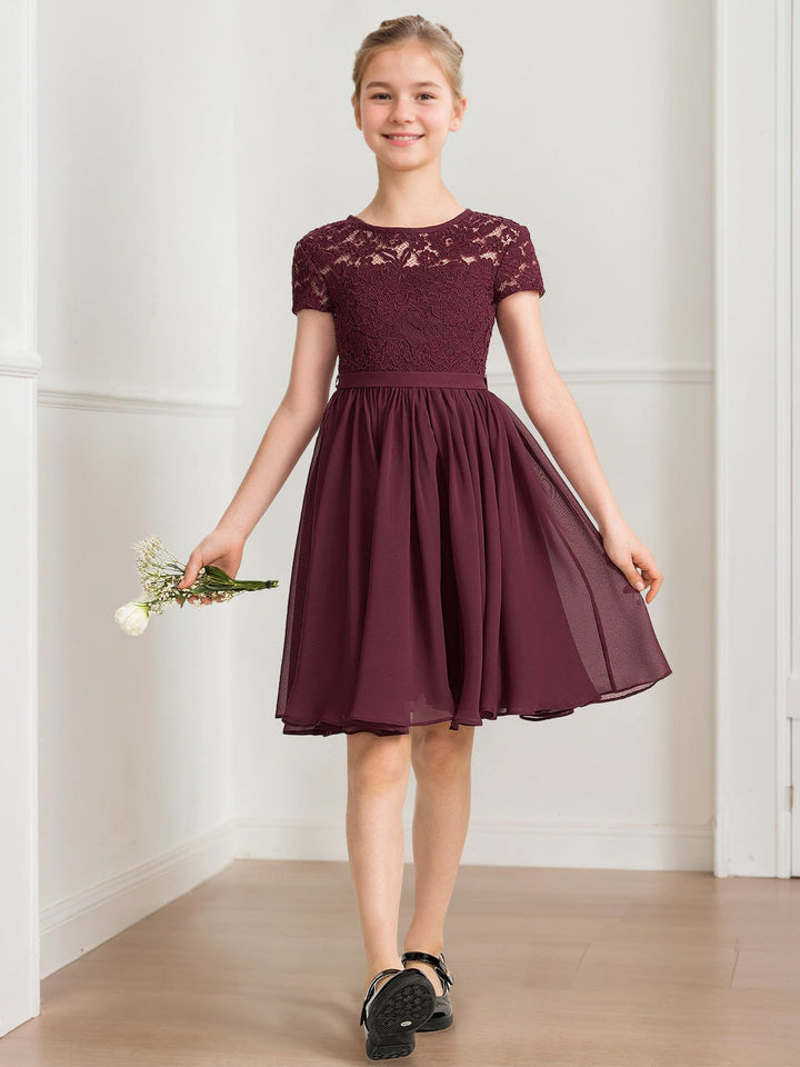 Robe demoiselle d'honneur junior ligne A, col rond, manches courtes, longueur genou, plissé, nœud ceinture