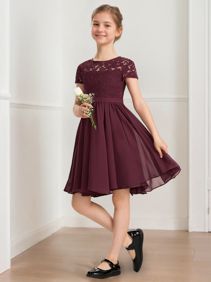 Robe demoiselle d'honneur junior ligne A, col rond, manches courtes, longueur genou, plissé, nœud ceinture