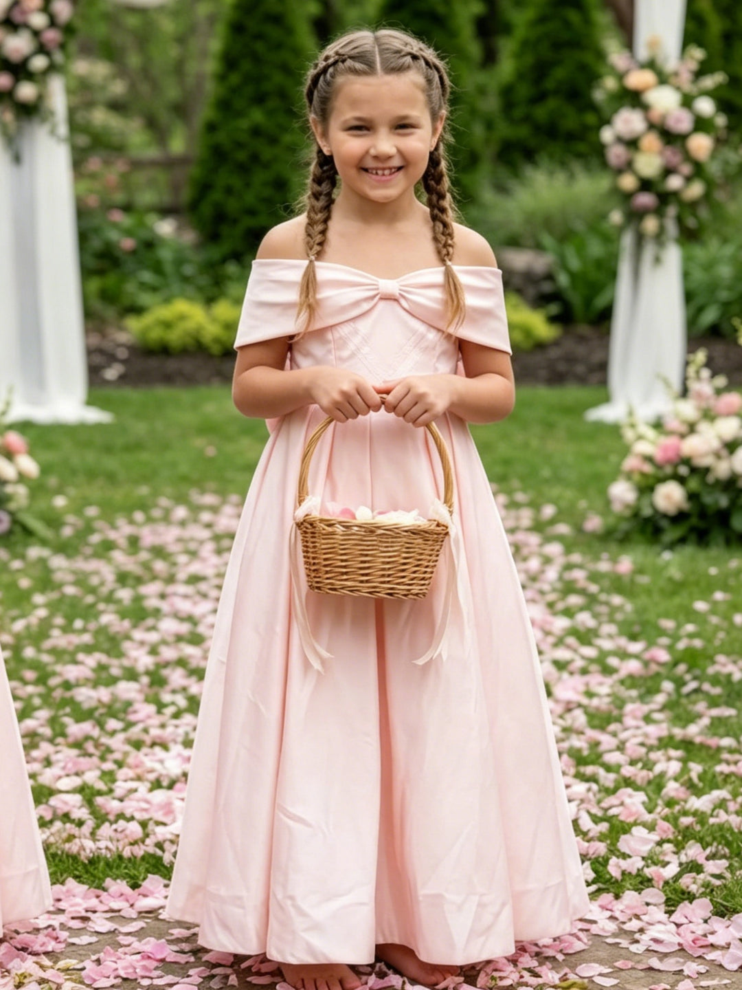 Robe pour Fille de Fleur, Ligne A/Princesse, Hors de l'épaule, Longueur au Sol, Sans Manches, Nœud Papillon