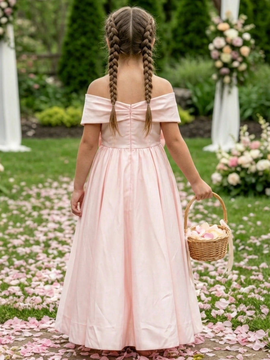 Robe pour Fille de Fleur, Ligne A/Princesse, Hors de l'épaule, Longueur au Sol, Sans Manches, Nœud Papillon