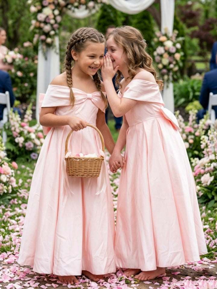 Robe pour Fille de Fleur, Ligne A/Princesse, Hors de l'épaule, Longueur au Sol, Sans Manches, Nœud Papillon