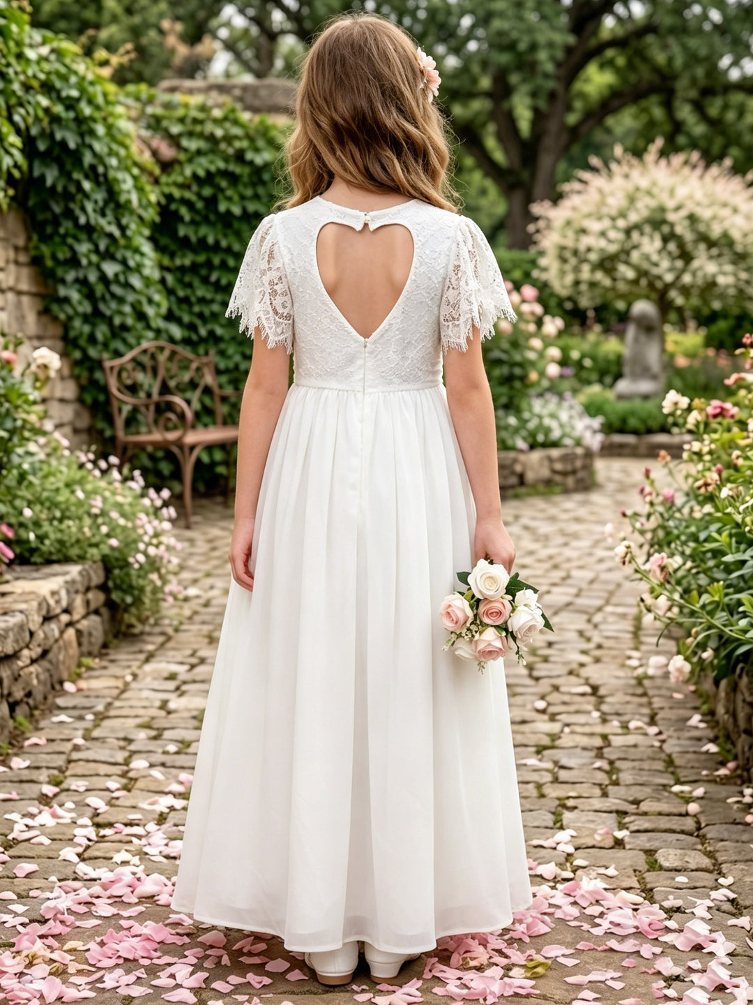 Robe pour Fille de Fleur, Ligne A/Princesse, Col Rond, Longueur de la Cheville, Sans Manches, Dentelle, Mousseline