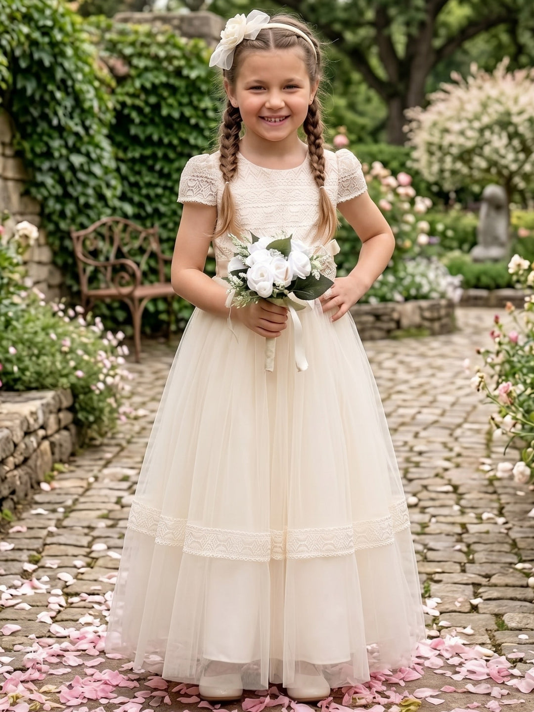 Robe pour Fille de Fleur, Ligne A/Princesse, Col Rond, Longueur au Sol, Manches Courtes, Dentelle, Tulle