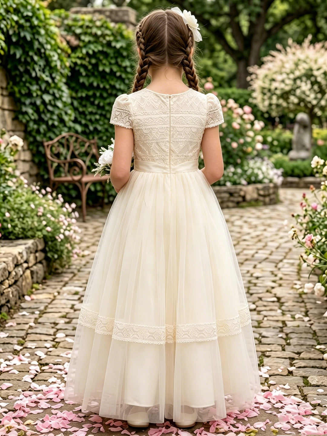 Robe pour Fille de Fleur, Ligne A/Princesse, Col Rond, Longueur au Sol, Manches Courtes, Dentelle, Tulle