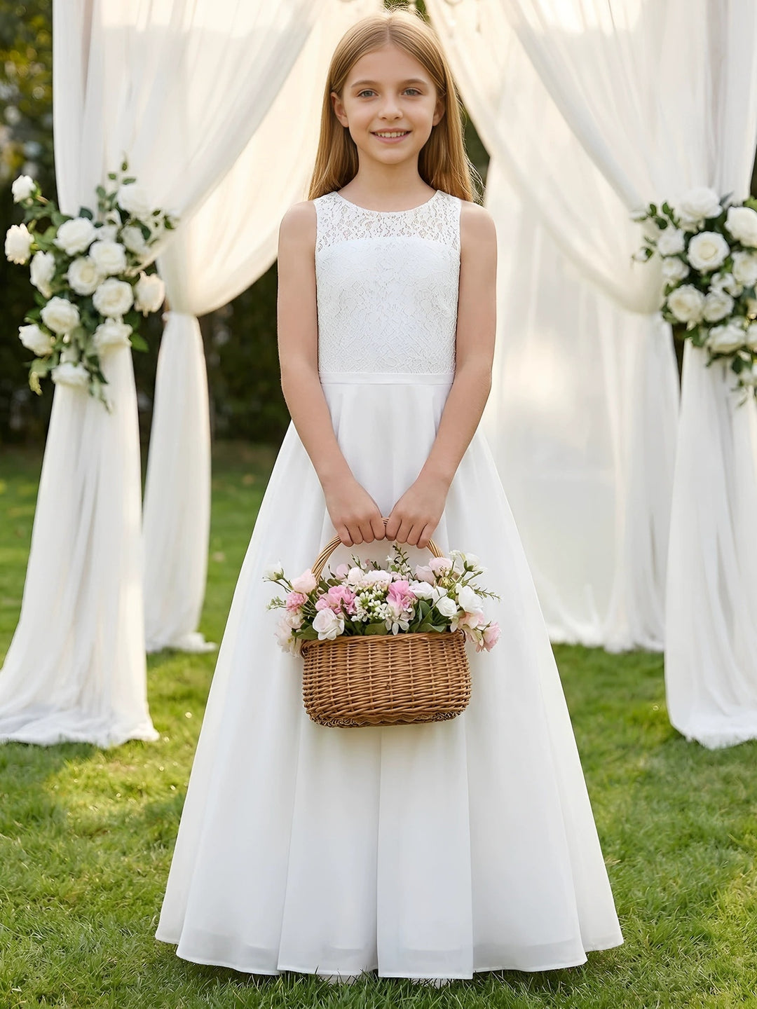 Robe pour Fille de Fleur, Ligne A/Princesse, Col Rond, Longueur au Sol, Sans Manches, Dentelle