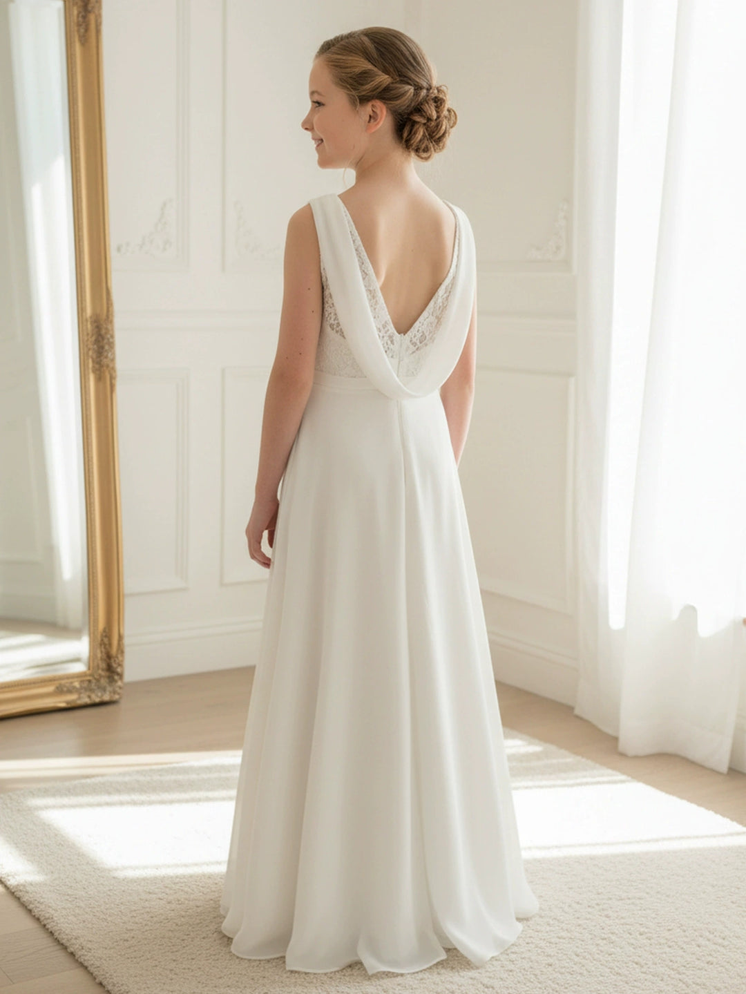 Robe pour Fille de Fleur, Ligne A/Princesse, Col Rond, Longueur au Sol, Sans Manches, Dentelle