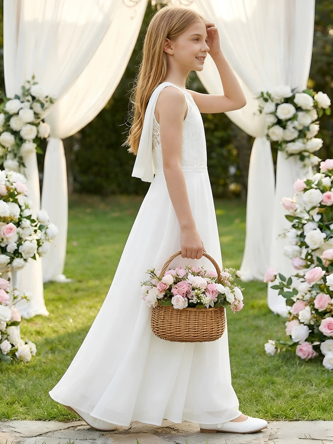Robe pour Fille de Fleur, Ligne A/Princesse, Col Rond, Longueur au Sol, Sans Manches, Dentelle