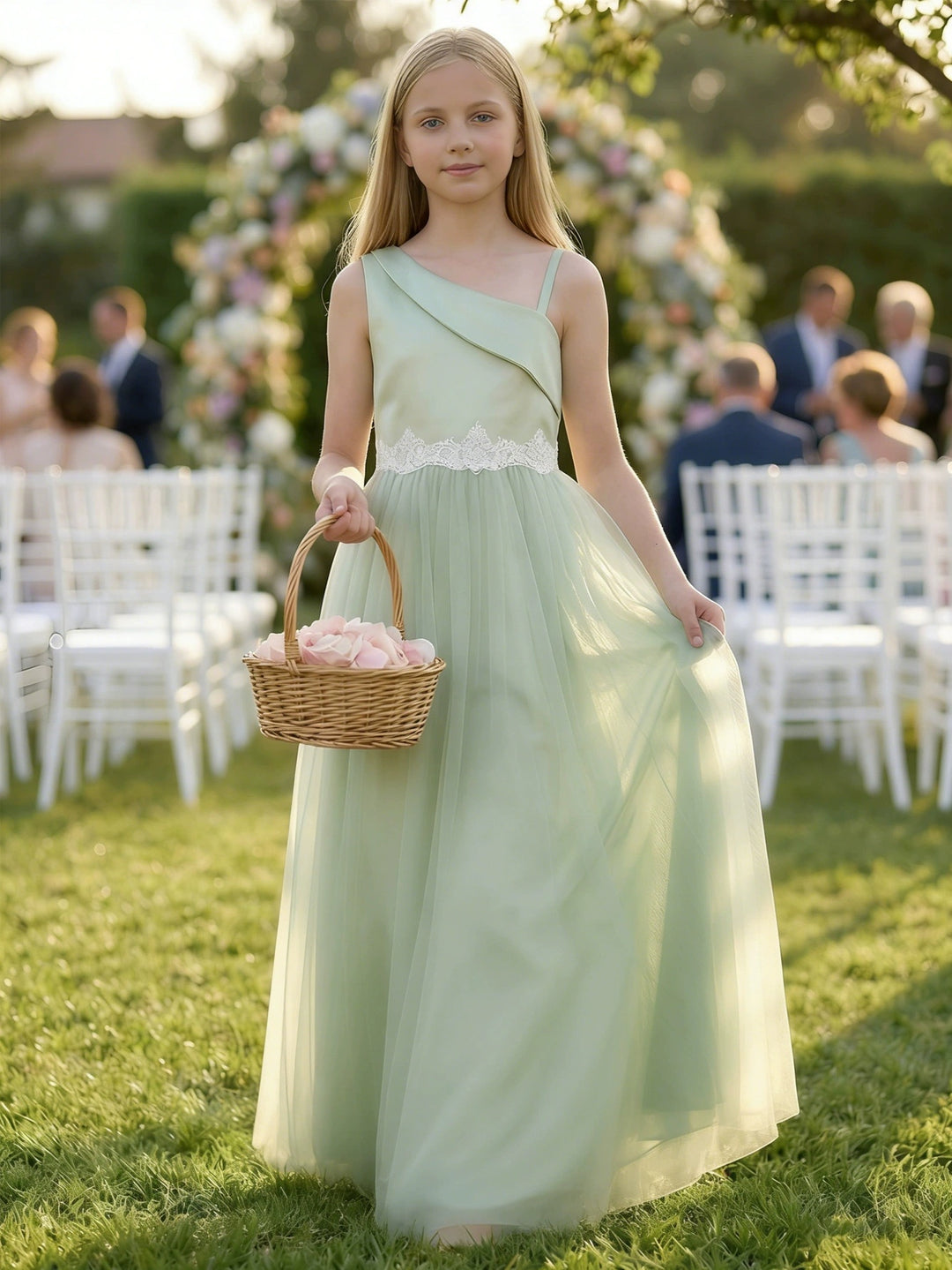 Robe pour Fille de Fleur, Ligne A/Princesse, Col Asymétrique, Longueur au Sol, Sans Manches, Dentelle