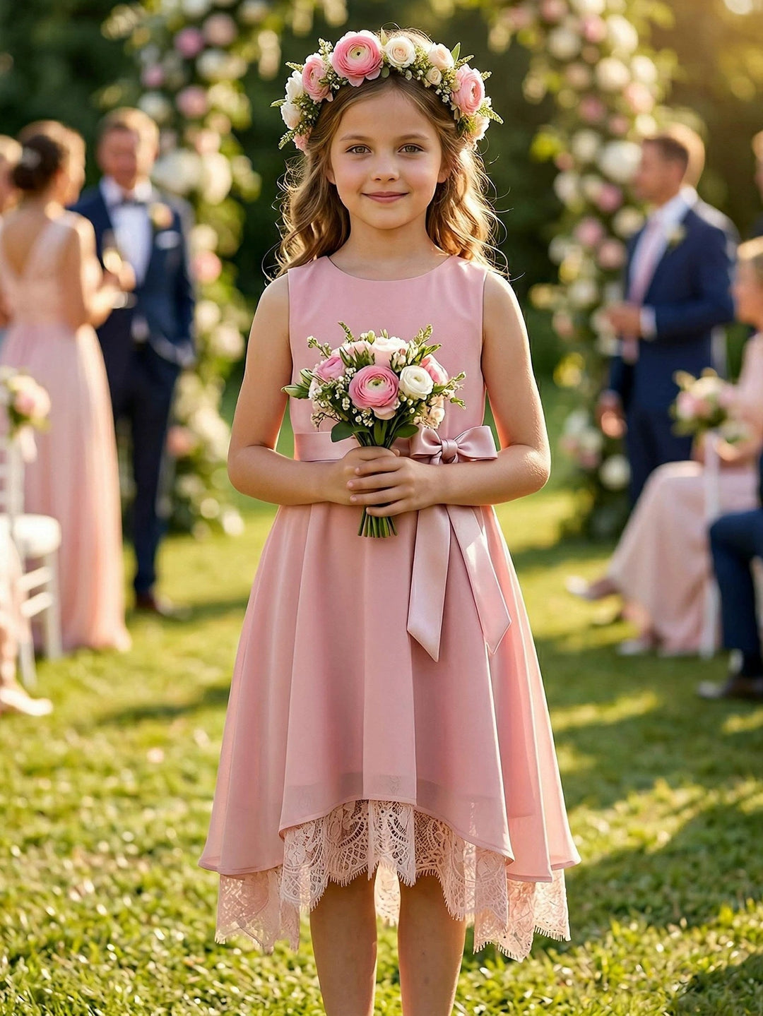 Robe pour Fille de Fleur, Ligne A/Princesse, Col Rond, Longueur du Thé, Sans Manches, Dentelle