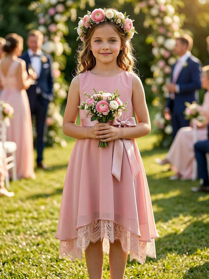 Robe pour Fille de Fleur, Ligne A/Princesse, Col Rond, Longueur du Thé, Sans Manches, Dentelle