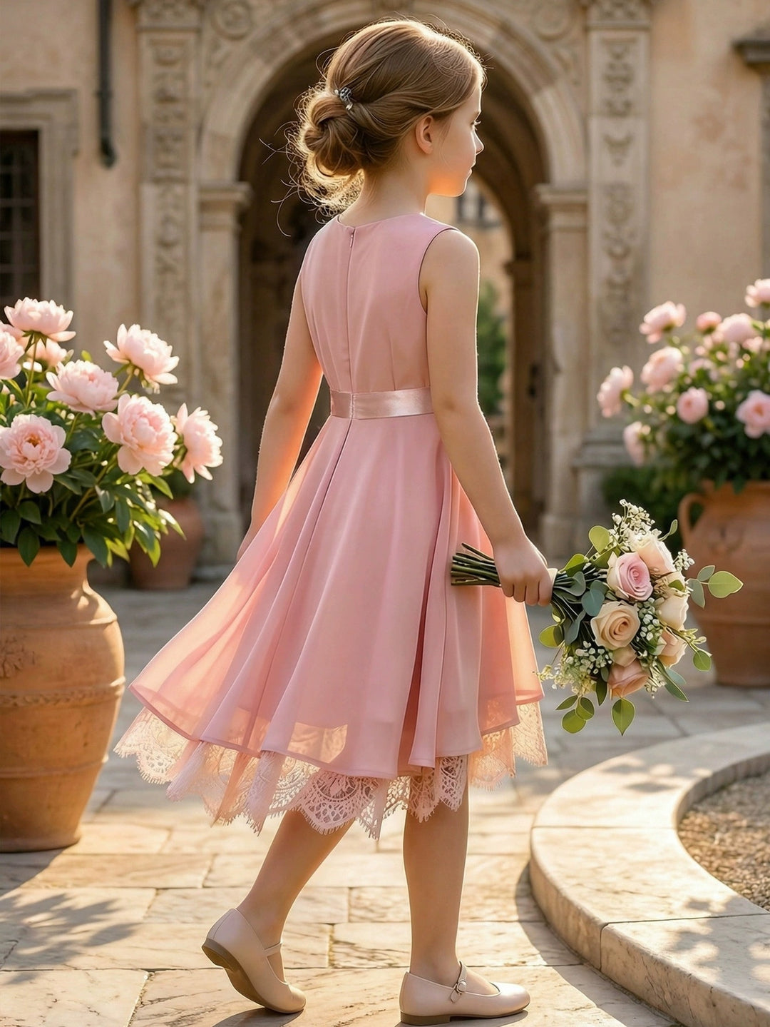 Robe pour Fille de Fleur, Ligne A/Princesse, Col Rond, Longueur du Thé, Sans Manches, Dentelle