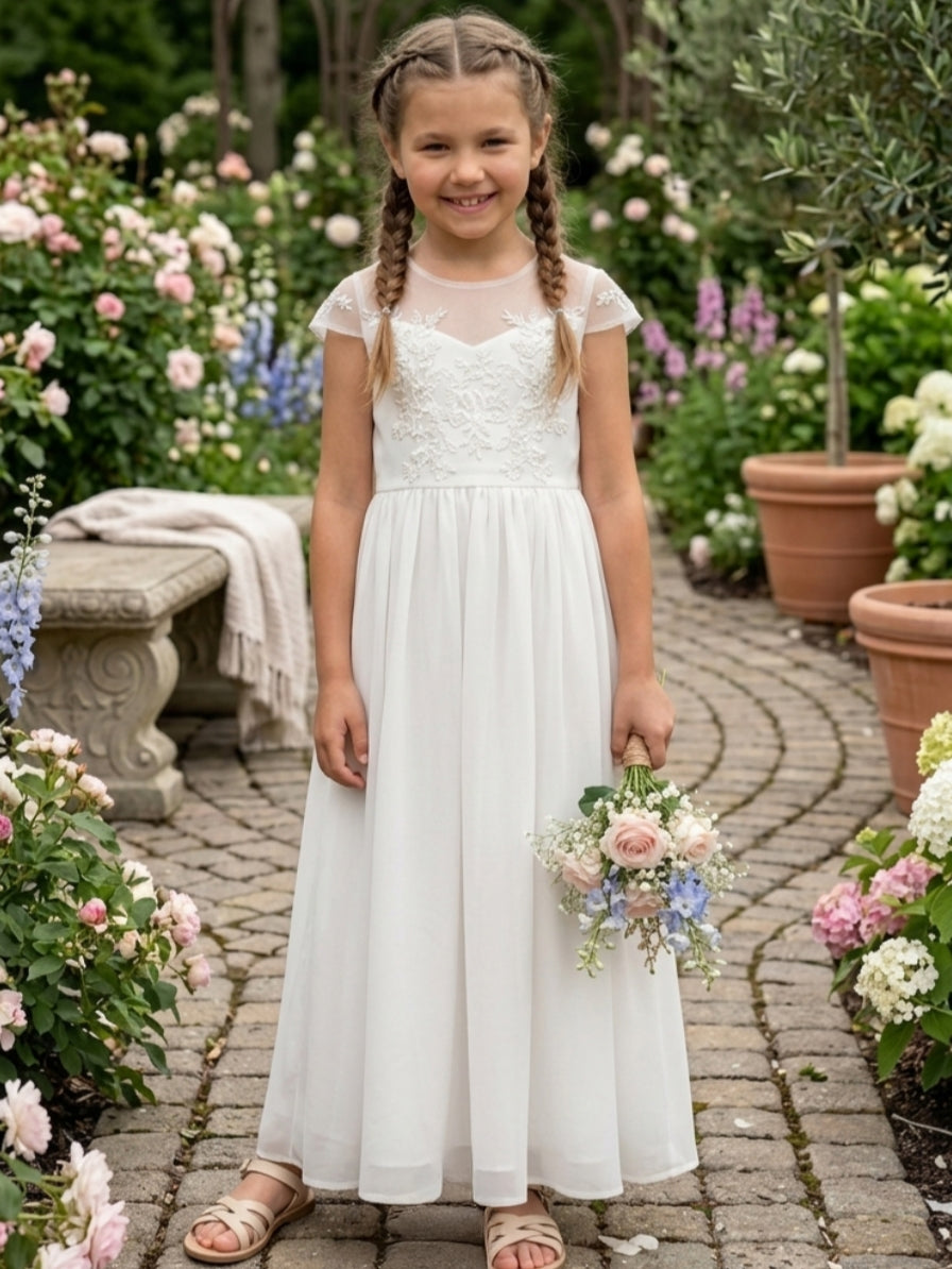 Robe pour Fille de Fleur, Ligne A/Princesse, Col Rond, Longueur de la Cheville, Manches Courtes, Dentelle
