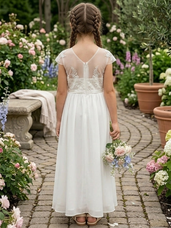 Robe pour Fille de Fleur, Ligne A/Princesse, Col Rond, Longueur de la Cheville, Manches Courtes, Dentelle